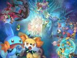  absurdres ampharos animal_ears apple archen audino bare_tree beheeyem buizel bunnelby carracosta cat_ears cat_tail closed_eyes commentary_request dedenne deerling deerling_(spring) entei espurr fangs farfetch'd fennekin food fox_ears fruit goomy green_neckerchief highres jirachi mawile mew_(pokemon) mudkip neckerchief nuzleaf orange_eyes pancham pokemon pokemon_(creature) pokemon_focus pokemon_mystery_dungeon pokemon_super_mystery_dungeon raikou shelmet simipour sora_(sorakuuhaku) sparkle star_(sky) suicune swirlix tail tree watchog xatu xerneas yveltal 
