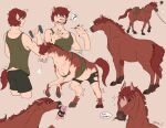 annette_(tinypigdraws) bodily_fluids bottomwear bridle brown_body brown_fur brown_hair clenched_teeth clothing english_text equid equine exercise feral fur fur_growth growth hair hi_res hooves horse human human_to_feral humanoid_pointy_ears male mammal mid_transformation muscular muscular_male pointy_ears saddle shirt shorts solo species_transformation speech_bubble sweat tail tail_growth tank_top teeth text tinypigdraws topwear torn_clothing transformation weightlifting weights workout
