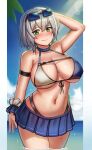  1girl absurdres arm_behind_head arm_strap bikini blue-tinted_eyewear blue_bikini blue_skirt blue_sky blush breasts chance8000 closed_mouth commentary_request cowboy_shot day eyewear_on_head front-tie_bikini_top front-tie_top green_eyes grey_hair hair_between_eyes halterneck highres hololive large_breasts looking_at_viewer microskirt multicolored_bikini navel ocean official_alternate_costume outdoors outside_border pillarboxed shirogane_noel shirogane_noel_(summer_2020) short_hair skirt sky smile solo stomach sunglasses swimsuit tinted_eyewear two-tone_bikini virtual_youtuber wading wet white_bikini 