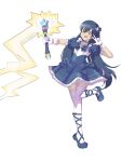  >_< 1girl absurdres anyang blue_bow blue_hair blue_shoes blush bow commentary_request dress_bow embarrassed full_body gloves hair_bow hand_up highres holding holding_wand idolmaster idolmaster_(classic) kisaragi_chihaya korean_commentary leg_up long_hair magical_girl open_mouth puffy_short_sleeves puffy_sleeves shoes short_sleeves simple_background solo standing standing_on_one_leg star_wand thighhighs tiptoes w wand white_background white_gloves white_thighhighs winged_wand 