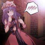  bad_id bad_pixiv_id blush book crescent dirty dress hat highres long_hair midriff one_eye_closed open_mouth patchouli_knowledge pink_dress purple_eyes purple_hair s-syogo solo spoken_blush tears torn_clothes touhou wince 