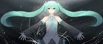  aqua_eyes aqua_hair detached_sleeves hatsune_miku long_hair looking_at_viewer necktie outstretched_arms piku_(pikumin) smile solo spread_arms twintails very_long_hair vocaloid 