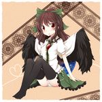  :o arm_cannon bad_id bad_pixiv_id blush bow brown_hair cape fuuen_(akagaminanoka) hair_bow heart heart_of_string looking_at_viewer no_shoes open_mouth panties red_eyes reiuji_utsuho sepia_background shirt short_sleeves sitting skirt solo thighhighs third_eye touhou underwear weapon white_panties wings 