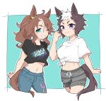  2girls alternate_costume animal_ears arms_behind_back beer_hsk black_shirt blue_eyes border brown_hair buttons cowboy_shot cropped_legs cropped_shirt drawstring ear_ornament grin hand_up highres horse_ears horse_girl horse_tail legs_apart linea_alba looking_at_viewer mejiro_palmer_(umamusume) mejiro_ryan_(umamusume) midriff multicolored_hair multiple_girls navel outside_border outstretched_arm outstretched_arms pants purple_eyes shirt short_eyebrows short_hair short_sleeves shorts smile stomach tail taut_clothes taut_shirt tied_shirt toned toned_female two-tone_hair umamusume white_border white_hair white_shirt 