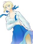  ahoge artoria_pendragon_(all) blonde_hair blue_eyes breasts cleavage dress fate/stay_night fate_(series) hair_ribbon no_legwear notty00 open_clothes open_shirt ribbon saber shirt small_breasts solo 