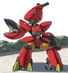  1boy arm_cannon armor blurry blurry_background character_request commentary_request full_body helmet highres humanoid_robot male_focus medarot mota_saru red_armor red_helmet robot solo standing weapon white_background 