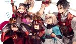  >_< 2boys 3girls ahoge arm_up black_hat black_jacket blonde_hair brown_hair chacha_(fate) closed_mouth collared_shirt commentary_request crossed_arms fate/grand_order fate_(series) flying_sweatdrops gloves goshiko86g hat hijikata_toshizou_(fate) holding holding_sword holding_weapon jacket long_hair multiple_boys multiple_girls oda_nobukatsu_(fate) oda_nobunaga_(fate) okita_souji_(fate) open_mouth peaked_cap pink_ribbon red_eyes red_gloves red_jacket ribbon shirt short_hair sword weapon white_gloves white_shirt 