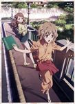  absurdres anklet brown_eyes brown_hair drill_hair flower full_body hair_flower hair_ornament hanasaku_iroha highres japanese_clothes jewelry kissuisou_uniform long_hair long_legs matsumae_ohana multiple_girls nakai_(waitress) open_mouth sandals short_hair slippers wakura_yuina 