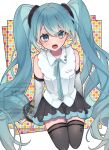  1girl aomidori_(em_em37) aqua_eyes aqua_hair aqua_necktie aqua_trim arm_tattoo armpit_crease black_skirt black_thighhighs blush breasts collared_shirt commentary_request detached_sleeves full_body hair_between_eyes hair_ornament hatsune_miku hatsune_miku_(nt) highres layered_sleeves long_hair long_sleeves looking_at_viewer medium_breasts necktie number_tattoo official_alternate_costume open_mouth piapro_studio pleated_skirt ribbon see-through_clothes see-through_sleeves shirt skirt sleeveless sleeveless_shirt solo tattoo teeth thighhighs twintails twitter_username very_long_hair vocaloid white_shirt 