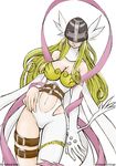  angewomon asymmetrical_clothes bare_shoulders belt blonde_hair breastplate breasts cleavage collar digimon digimon_adventure elbow_gloves gloves hand_on_hip head_wings helmet large_breasts long_hair melodyzombie navel navel_cutout ribbon single_elbow_glove single_glove slender_waist solo thigh_strap visor 