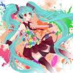  aqua_hair goldfishu hatsune_miku headset long_hair necktie open_mouth outstretched_arms paint_splatter red_eyes skirt solo spread_arms tell_your_world_(vocaloid) thighhighs twintails very_long_hair vocaloid 