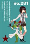  arm_up bad_id bad_pixiv_id bangs belt black_legwear blue_eyes blunt_bangs brown_hair cellphone coffee cup dress_shirt drinking_straw eyewear_on_head gen_3_pokemon glasses hairband high_heels holding kirlia nail_polish ngayope no_nose one_eye_closed open_mouth phone pokemon pokemon_(creature) polka_dot red_eyes ribbon shirt shoes shorts socks solo star striped sunglasses tray 