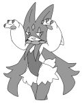 3_fingers ambiguous_gender anthro claws clothing finger_claws fingers flower_(anatomy) generation_9_pokemon jagged_mouth leotard mask meowscarada monochrome nintendo open_mouth pawpads pokemon pokemon_(species) rawr simple_background solo standing tail white_background white_sclera yakiniku628