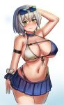  1girl absurdres arm_behind_head arm_strap bikini blue-tinted_eyewear blue_bikini blue_skirt blush breasts chance8000 closed_mouth commentary_request cowboy_shot eyewear_on_head front-tie_bikini_top front-tie_top green_eyes grey_hair hair_between_eyes halterneck highres hololive large_breasts looking_at_viewer microskirt multicolored_bikini navel official_alternate_costume shirogane_noel shirogane_noel_(summer_2020) short_hair skirt smile solo stomach sunglasses swimsuit tinted_eyewear two-tone_bikini virtual_youtuber wading wet white_background white_bikini 