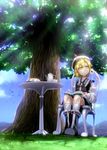  blonde_hair book chair cloud crescent cup day hat highres kazetto light_rays lunasa_prismriver mountain short_hair sitting sky smile solo sunbeam sunlight teacup teapot touhou tree yellow_eyes 