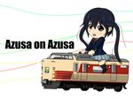  chibi english ground_vehicle japan_railways k-on! majikaru_bushi nakano_azusa object_namesake riding school_uniform solo train twintails white_background 