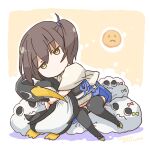  1girl apron black_thighhighs blue_hakama blue_skirt brown_eyes brown_hair emoji failure_penguin fudeyama_(fudeco) hakama hakama_short_skirt hakama_skirt highres hug hugging_doll hugging_object japanese_clothes kaga_(kancolle) kantai_collection long_hair miss_cloud muneate no_mouth sad_emoji side_ponytail skirt solo tasuki thighhighs 