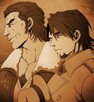  antonio_lopez brown_eyes brown_hair chest_hair eyebrows facial_hair jacket kaburagi_t_kotetsu male_focus manly mlnstc monochrome multiple_boys sepia stubble tiger_&amp;_bunny v-neck 