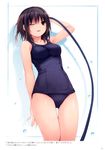  absurdres aoyama_sumika bare_shoulders black_hair brown_eyes coffee-kizoku highres hose legs one-piece_swimsuit one_eye_closed original school_swimsuit solo swimsuit thigh_gap 