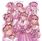  1girl barbed_wire black_choker black_nails blonde_hair blush breasts choker cleavage clenched_hands closed_eyes collared_shirt commentary danganronpa_(series) danganronpa_v3:_killing_harmony deimosatellite double_middle_finger ear_piercing english_commentary eyelashes fangs fingernails goggles goggles_on_head grin hair_between_eyes iruma_miu long_hair long_sleeves middle_finger multiple_views nail_polish neckerchief open_mouth piercing pink_shirt pink_skirt purple_eyes purple_neckerchief sailor_collar school_uniform serafuku shirt simple_background skirt smile teeth tongue tongue_out tongue_piercing upper_teeth_only v-shaped_eyebrows white_background white_sailor_collar 