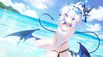  1girl absurdres ahoge arm_support belt belt_collar blue-tinted_eyewear blue_archive blue_sky cloud cloudy_sky collar commentary_request demon_girl demon_horns demon_tail demon_wings drill_hair drill_sidelocks eyewear_on_head hair_between_eyes halo highres horns in_water looking_at_viewer luna_(treeplanting) medium_hair mountainous_horizon ocean one-piece_swimsuit original outdoors pointy_ears purple_eyes sidelocks sitting sky smile solo sunglasses swimsuit tail thigh_belt thigh_strap tinted_eyewear treeplanting wariza white_hair white_one-piece_swimsuit wings 