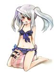  :o arms_behind_back barefoot bikini blush contact966 eyepatch groin infinite_stratos kneeling laura_bodewig long_hair looking_at_viewer navel open_mouth red_eyes silver_hair sitting sitting_on_object solo sweatdrop swimsuit twintails 