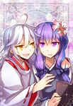  ahoge arm_around_neck book cross flower hair_flower hair_ornament hair_ribbon holding holding_book japanese_clothes kariginu long_hair multiple_girls open_book original purple_eyes purple_hair ribbon silver_hair smile sweat yellow_eyes yetworldview_kaze 