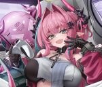 1girl absurdres arknights arknights:_endfield artist_name bare_shoulders black_gloves black_horns blush breasts computer_keyboard controller detached_collar diamond_in_eye dot_nose dragon_girl dragon_horn dragon_horns fang film_grain game_controller gloves green_eyes hair_intakes hair_on_horn hair_ornament highres holding holding_controller holding_game_controller horns indoors infection_monitor_(arknights) jacket large_breasts laughing looking_at_viewer mesugaki_pose mildt multicolored_horns open_clothes open_jacket pink_horns pink_shrug pointy_ears short_eyebrows shrug_(clothing) skin_fang solo two-tone_horns unzipped upper_body yvonne_(arknights) 