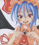  bad_id bad_pixiv_id blue_hair hat highres looking_at_viewer marker_(medium) open_mouth purple_eyes remilia_scarlet s-syogo shikishi short_hair smile solo touhou traditional_media tsurime wings 