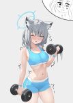  1girl absurdres animal_ear_fluff animal_ears blue_archive blue_halo blue_shorts blue_sports_bra blush breasts cawl commentary cross_hair_ornament dolphin_shorts dumbbell english_commentary exercising grey_hair hair_ornament halo highres holding holding_dumbbell long_hair medium_breasts navel open_mouth shiroko_(blue_archive) short_shorts shorts solo sports_bra stomach wolf_ears wolf_girl 
