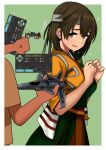  1boy 3girls admiral_(kancolle) anger_vein brown_eyes brown_hair commentary_request green_background green_hakama green_kimono hakama headband hiryuu_(kancolle) hiryuu_kai_san_(kancolle) japanese_clothes kantai_collection kimono looking_at_viewer multiple_girls ooyodo_(kancolle) orange_kimono short_hair souryuu_(kancolle) tasuki timmyyen two-tone_kimono white_headband 