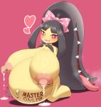 2_mouths absurd_res barbell_piercing belly big_belly big_breasts bodily_fluids body_writing breasts don't_attack_me_mawile english_text female generation_3_pokemon heart_symbol hi_res huge_breasts humanoid kneeling kogairoku lactating looking_at_viewer mawile multi_mouth navel navel_piercing nintendo nipple_piercing nipples outie_navel piercing pink_background pokemon pokemon_(species) pregnant pupils red_eyes simple_background smile solo text tongue tongue_out white_pupils