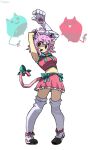  1girl :3 :d absurdres ahoge animal animal_ear_fluff animal_ears animal_hands aqua_belt aqua_bow aqua_bowtie aqua_trim armpits arms_up bare_arms bare_shoulders bell belt black_eyes black_mouth black_shoes bow bowtie breasts bright_pupils cat cat_ears cat_girl cat_tail commentary dj_booth_(neko)_(tower_defense_simulator) dj_booth_(tower_defense_simulator) double-parted_bangs elbow_gloves english_commentary fang frilled_skirt frills from_below full_body genderswap genderswap_(mtf) gloves hair_between_eyes heart heart_ahoge highres jingle_bell legs_apart looking_at_viewer midriff miniskirt mr_plagu3 navel neck_bell no_eyebrows official_alternate_costume official_alternate_hair_length official_alternate_hairstyle open_mouth paw_gloves petticoat pigeon-toed pink_hair pink_tail red_shirt red_skirt red_trim roblox shaded_face shirt shoes short_hair sidelocks sideways_glance simple_background skirt sleeveless sleeveless_shirt small_breasts smile solo standing tail tail_bow tail_ornament tareme thighhighs tower_defense_simulator twitter_username white_background white_gloves white_pupils white_shoes white_thighhighs zettai_ryouiki 