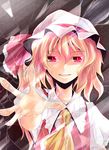  ascot blonde_hair crack face flandre_scarlet foreshortening fourth_wall hands hat kakao_(noise-111) outstretched_hand red_eyes ribbon short_hair side_ponytail slit_pupils solo touhou 