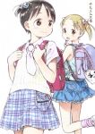  2girls :> :o absurdres animal_print ankle_socks aqua_tank_top armpit_crease backpack bag bag_charm bangs_pinned_back barasui bare_shoulders bear_print black_hair blue_skirt blush brown_eyes brown_hair charm_(object) child closed_mouth collared_shirt cover cover_page cowboy_shot denim denim_skirt doujin_cover eye_contact frilled_skirt frills from_behind hair_behind_ear hair_bobbles hair_ornament hands_up hatching_(texture) highres holding_strap ichigo_mashimaro itou_chika leg_up linear_hatching looking_at_another looking_back looking_to_the_side matsuoka_miu miniskirt multiple_girls necktie one_side_up open_mouth panda_print plaid_clothes plaid_skirt pleated_skirt pocket pouch purple_socks randoseru red_bag ribbed_socks round_teeth scan shirt short_hair short_necktie short_sleeves short_twintails side-tie_shirt simple_background skirt sleeveless smile socks split_mouth sweater_vest swept_bangs tank_top tareme teeth turning_head twintails upper_teeth_only walking white_background white_necktie white_shirt white_sweater_vest wing_collar 