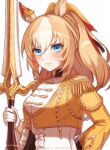 1girl aiguillette animal_ears asymmetrical_jacket blonde_hair blue_eyes blush bodysuit breasts closed_mouth commentary_request durandal_(chevalier_fidele)_(umamusume) durandal_(umamusume) ear_covers epaulettes fourragere frilled_bodysuit gloves gold_embroidery hair_between_eyes highres holding holding_sword holding_weapon horse_ears horse_girl jacket long_hair looking_at_viewer multicolored_hair ponytail simple_background sindo_pink single_ear_cover solo sword two-tone_hair umamusume upper_body weapon white_background white_bodysuit white_gloves white_hair yellow_jacket 