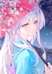  1girl absurdres alternate_costume blue_eyes blue_kimono blurry blurry_background bokeh cherry_blossoms cho_kaguya-hime! commentary depth_of_field falling_petals hair_between_eyes highres holding holding_umbrella japanese_clothes kimono light_particles light_smile long_hair looking_at_viewer looking_to_the_side multicolored_eyes oil-paper_umbrella petals pink_eyes purple_eyes red_umbrella runami_yachiyo shiyoi solo star_(sky) two-tone_eyes umbrella upper_body white_hair 