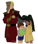  1girl 2boys amuro_ray belt bindi black_hair blonde_hair brown_hair cape casval_rem_deikun char's_counterattack char_aznable dark-skinned_female dark_skin double_bun dress epaulettes facepalm gundam hair_bun haro highres holding lalah_sune long_sleeves military military_uniform mobile_suit_gundam multiple_boys napp open_mouth robot short_hair simple_background smile tears zeon 