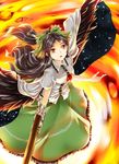  alternate_weapon arm_cannon black_hair black_wings bow cape hair_bow highres kakao_(noise-111) long_hair red_eyes reiuji_utsuho skirt solo third_eye touhou weapon wings 