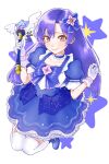  1girl absurdres blue_bow blue_choker blue_dress blue_hair blush bow brown_eyes choker closed_mouth commentary_request dated dress dress_bow flat_chest floating full_body gloves hair_bow highres holding holding_wand idolmaster idolmaster_(classic) kisaragi_chihaya korean_commentary long_hair looking_at_viewer magical_girl roadcrow simple_background smile solo star_(symbol) star_in_eye star_wand symbol_in_eye wand white_background white_gloves winged_wand 
