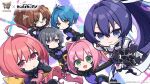  6+girls :d black_bodysuit blue_hair bodysuit breasts brown_eyes brown_hair character_request chibi closed_mouth commentary_request dotted_line glasses green_eyes hair_between_eyes hair_intakes long_hair multiple_girls muv-luv_girls_garden official_art outstretched_arms parted_lips pink_bodysuit pink_hair ponytail purple_bodysuit purple_eyes purple_hair red_eyes round_eyewear small_breasts smile spread_arms totatokeke very_long_hair 