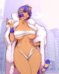  1girl ancient_egyptian_clothes animal_crossing animal_ears ankh ankha_(animal_crossing) blowing_smoke blue_hair blunt_bangs bob_cut breasts cat_ears cat_girl cat_tail cigarette cleavage coat dark-skinned_female dark_skin fur_coat hair_ornament hieroglyphics highres holding holding_cigarette humanization large_breasts looking_at_viewer navel nofuture patreon_username short_hair smoke smoke_trail smoking snake_hair_ornament solo striped_tail tail usekh_collar white_coat 