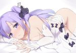  1girl azur_lane bangs bare_shoulders black_bow black_ribbon blush bow breasts cleavage detached_sleeves dress eyebrows_visible_through_hair hair_bun hair_ribbon highres lemonolemone long_hair looking_at_viewer lying no_panties purple_eyes purple_hair ribbon side_bun simple_background small_breasts solo thighhighs unicorn_(azur_lane) very_long_hair white_background white_dress white_legwear 