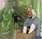 2025 akita american_akita anthro arthropod bag birdpaw_(artist) black_bottomwear black_clothing black_nose black_shirt black_shorts black_t-shirt black_topwear bodily_fluids bottomwear brown_body brown_eyes brown_fur brown_hair brown_tail canid canine canis caterpillar closed_smile clothed clothed_anthro clothed_male clothing dated detailed_background domestic_dog dragon duo english_text forest fully_clothed fully_clothed_anthro fully_clothed_male fur furred_dragon furred_scalie fursona_(birdpaw) grey_clothing grey_ears grey_shirt grey_t-shirt grey_topwear hair hi_res holding_object insect kai_(desertmotels) larva leaf male male_anthro mammal mouth_closed mythological_creature mythological_scalie mythology neck_tuft outside plant rainbow reptile scalie shirt shorts shovel smile snake spitz stick sun_symbol sweat symbol t-shirt tail text tools topwear tree tuft white_body white_fur