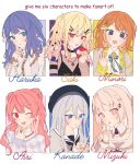  6+girls :d :o ;d akiyama_mizuki ano_hi_kanadeta_neiro_wo_(project_sekai) apple aqua_bow aqua_bowtie black_choker black_hat blonde_hair bloom_festival_(project_sekai) blue_eyes blue_hair blunt_bangs blush bow bowtie braid character_name chase_my_ideal_idol!_(project_sekai) checkered_clothes choker closed_mouth collarbone collared_shirt column_lineup cone_hair_bun contrast_lapels detached_collar double_bun earrings english_text envelope_earrings flower food fruit funsai_seyo!_unvalentine_no_fukushuu_(project_sekai) gradient_hair grey_hair grey_jacket grid_lineup hair_behind_ear hair_between_eyes hair_bun hair_ornament hairclip hanasato_minori hat heart heart_hair_ornament heart_necklace highres holding holding_flower holding_food holding_fruit index_finger_raised itsuka_hanasaku_stage_e_(project_sekai) jacket jewelry kiritani_haruka lapels long_bangs long_hair long_sidelocks long_sleeves looking_at_viewer momoi_airi multicolored_hair multiple_drawing_challenge multiple_girls nail_polish necklace no_pupils no_seek_no_find_(project_sekai) official_alternate_costume official_alternate_hair_length official_alternate_hair_ornament official_alternate_hairstyle one_eye_closed open_clothes open_jacket open_mouth pink_eyes pink_hair plaid_clothes plaid_lapels project_sekai purple_eyes red_eyes shirt side_braid sidelocks six_fanarts_challenge smile star_(symbol) star_hair_ornament striped_bow striped_bowtie striped_clothes striped_sleeves tenma_saki the_coconutnut twintails twitter_username v white_flower white_shirt yami_kawaii yoisaki_kanade 