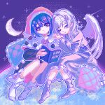  2girls absurdres alternate_costume black_dress book capelet closed_eyes closed_mouth commentary_request crescent crescent_hair_ornament crescent_moon doremy_sweet dress feathered_wings frilled_sleeves frills grey_hair grey_wings hair_ornament hat highres holding holding_book kishin_sagume koharustuki leaning_on_person long_sleeves moon multiple_girls neck_ribbon nightcap open_book pillow pink_dress pink_socks pixel_art pom_pom_(clothes) purple_eyes purple_hair red_hat red_ribbon ribbon single_wing sleeping sleeping_on_person smile socks star_(sky) touhou two-tone_dress white_capelet white_dress white_socks wings yuri 