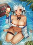  1girl absurdres bikini black_ribbon breasts chance8000 cherry cleavage commentary flower food from_above fruit full_body girls'_frontline grey_hair hair_flower hair_ornament hair_ribbon highres holding holding_food holding_ice_cream holding_ice_cream_cone ice_cream ice_cream_cone jacket jacket_partially_removed large_breasts long_sleeves looking_at_viewer navel official_alternate_costume open_mouth parted_hair red_eyes ribbon short_hair side-tie_bikini_bottom sitting sitting_on_water smile solo spas-12_(girls'_frontline) spas-12_(midsummer_fruit)_(girls'_frontline) swimsuit thigh_strap water wet white_bikini white_jacket 