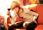  alcohol blonde_hair bracelet cup drinking_glass fate/stay_night fate/zero fate_(series) gilgamesh jewelry male_focus necklace nipples open_mouth red_eyes riko_(k_riko) sitting smile snakeskin_print solo wine wine_glass 