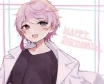  1boy black_shirt blue_eyes earrings happy_birthday heterochromia highres ibuki_(paradigm_paradox) jacket jacket_on_shoulders jewelry looking_at_viewer male_focus oshima_hanto paradigm_paradox pink_eyes pink_hair shirt solo tassel tassel_earrings white_background white_jacket 