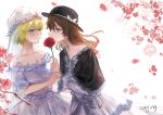 2girls absurdres artist_name black_hat black_shawl blonde_hair blue_eyes blush bow bowtie bride brown_eyes brown_hair check_commentary chinese_commentary clothing_request collarbone commentary_request couple dress flower flower_request hand_on_another's_wrist hat hat_bow highres holding holding_flower jsnttzzj long_hair long_sleeves looking_at_another maribel_hearn mixed-language_commentary mob_cap multiple_girls parted_lips petals purple_bow purple_dress rose shawl short_hair short_sleeves touhou usami_renko veil wedding_dress white_background white_bow white_bowtie white_dress white_hat white_veil wife_and_wife yuri 